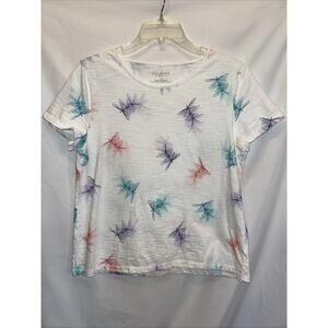 Talbots Womens Large Petite Slub Cotton White Dragonfly Tee Shirt Fairy